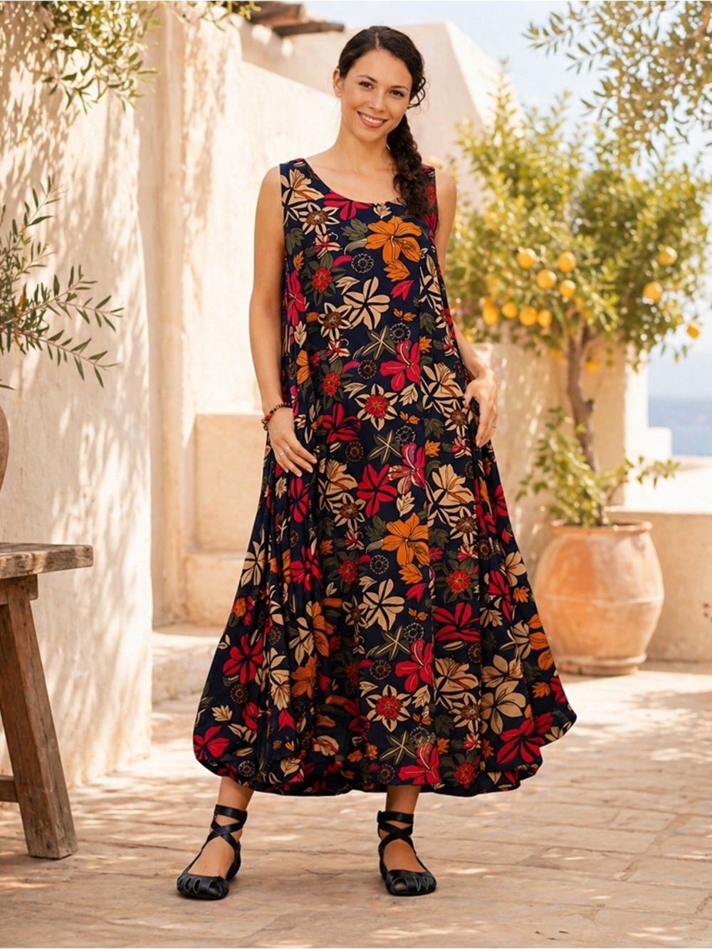 plus size maxi boho dress Fbc Studio Dresses | Organic Viscose Sleeveless Black Floral Pockets 14-16 | Color: Black/Red Color:03 Red Print Ideal For Retro 80s 90s Summer party24